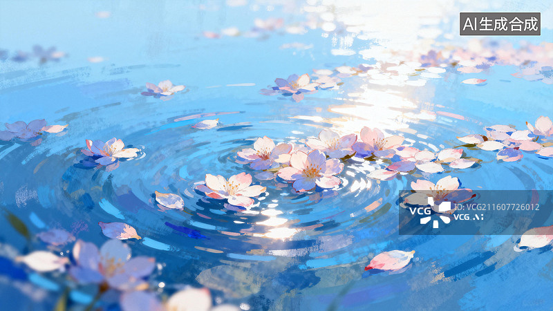【AI数字艺术】清澈水面上的樱花花瓣图片素材