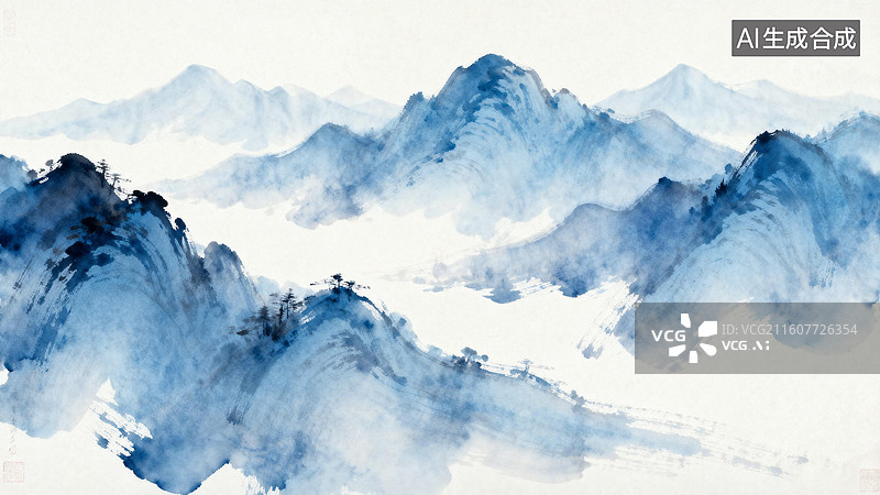 【AI数字艺术】水墨风格蓝色山水景观画图片素材