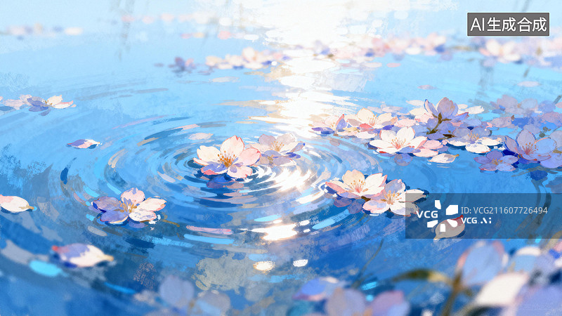 【AI数字艺术】清澈水面上的樱花花瓣图片素材