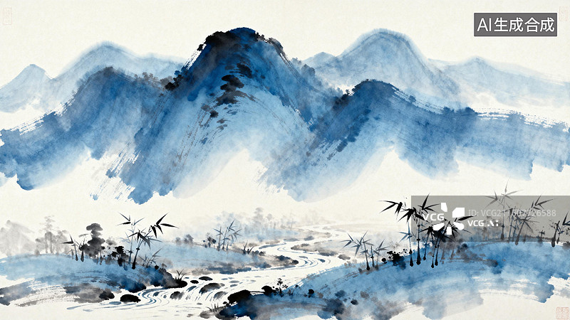 【AI数字艺术】蓝墨山水间竹韵悠悠图片素材