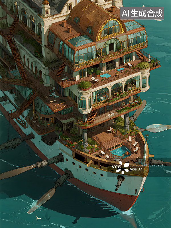 【AI数字艺术】以手绘动漫的方式呈现一个别墅群，上面层层叠叠五六层，整体建筑图片素材