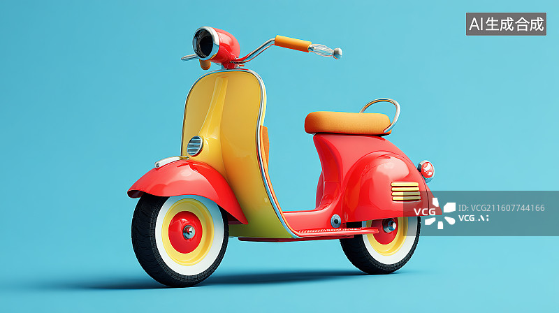 【AI数字艺术】浅蓝背景下的红黄配色复古卡通踏板车图片素材