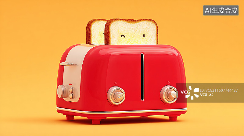 【AI数字艺术】橙黄背景下的红色烤面包机与吐司图片素材