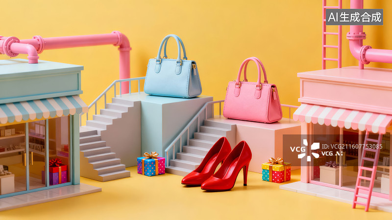 【AI数字艺术】彩色迷你建筑与时尚配饰图片素材