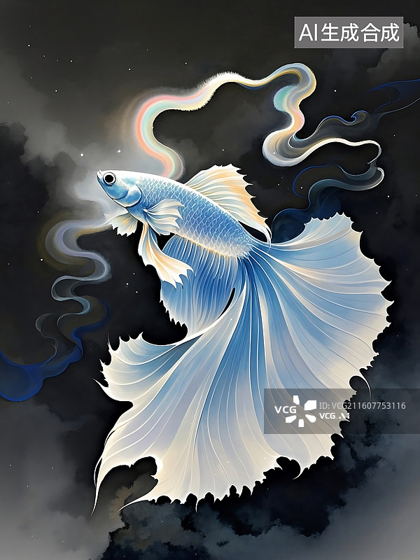 【AI数字艺术】梦幻蓝色斗鱼在星空游动图片素材