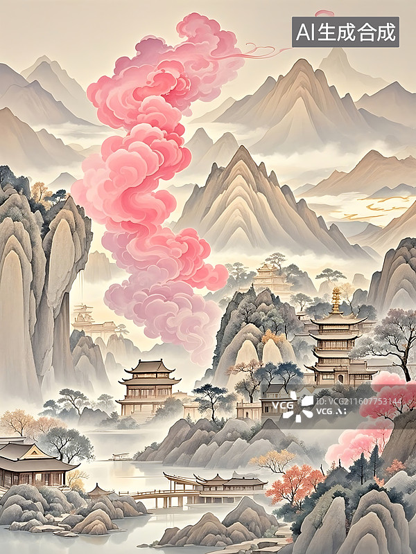 【AI数字艺术】仙境般的东方山水画，粉色祥云环绕古建筑图片素材