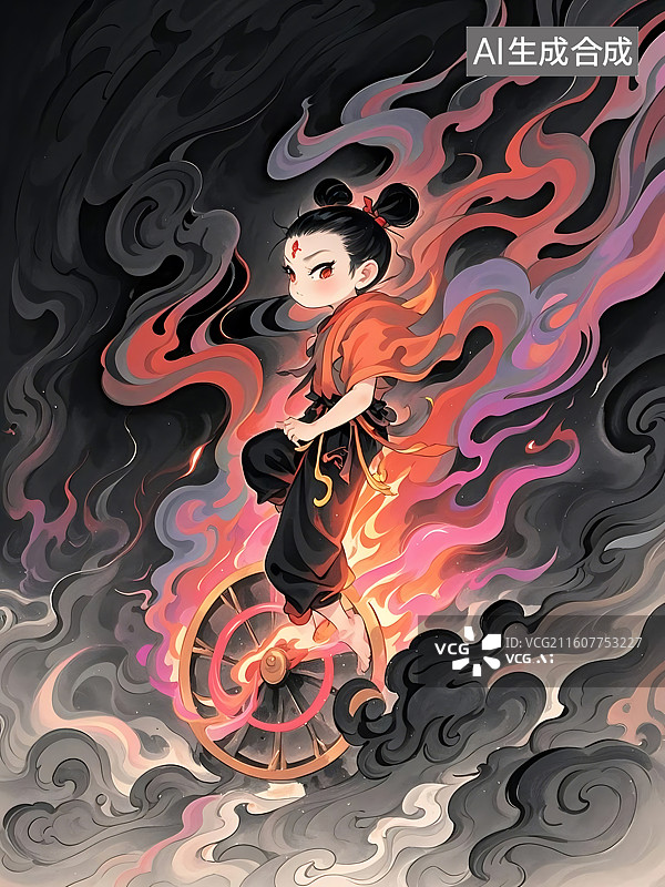 【AI数字艺术】可爱的小哪吒脚踏风火轮，火焰环绕图片素材