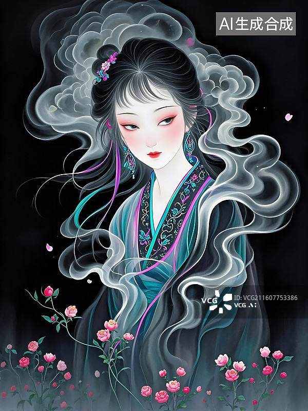 【AI数字艺术】古典仕女图：烟雾缭绕，花团锦簇，美人如画图片素材
