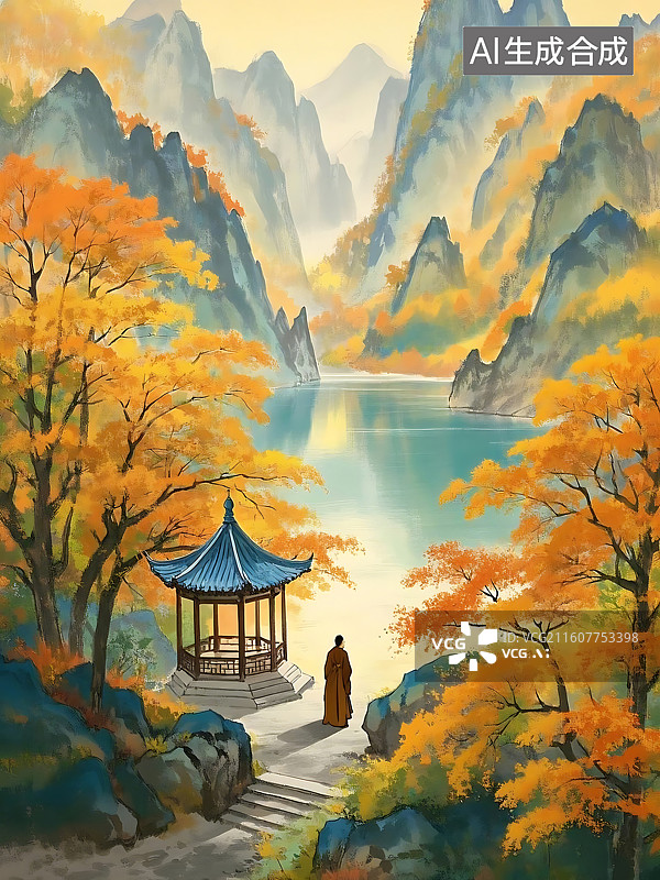 【AI数字艺术】秋日山水间的禅意亭台与行者图片素材