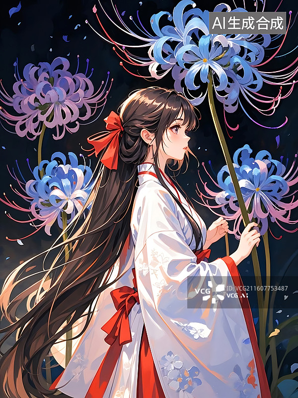 【AI数字艺术】身着和服的女孩与蓝色的彼岸花图片素材