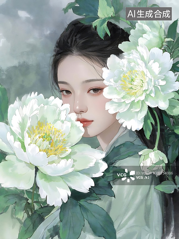 【AI数字艺术】古典美人与白牡丹图片素材