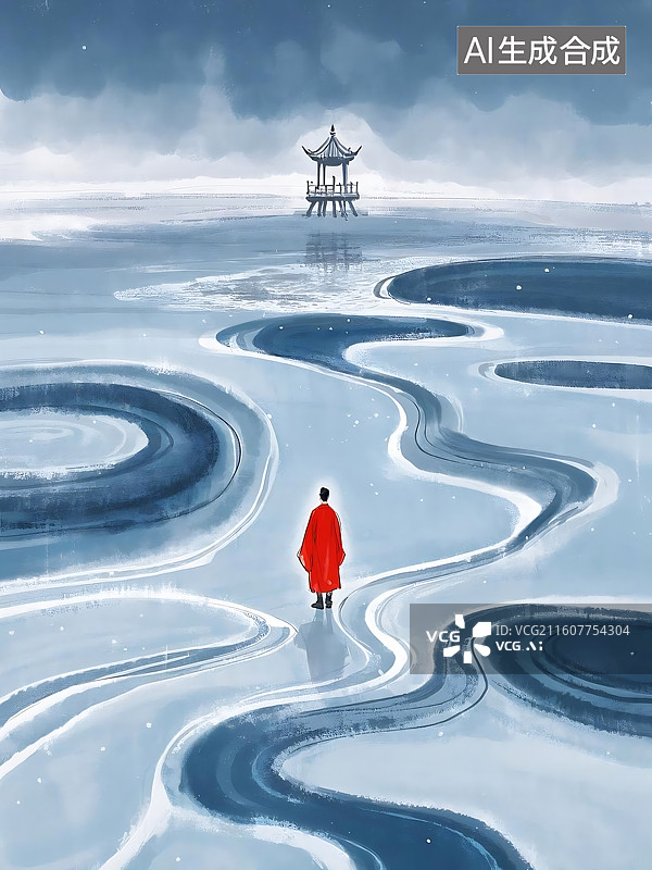 【AI数字艺术】红袍行者与水榭图片素材