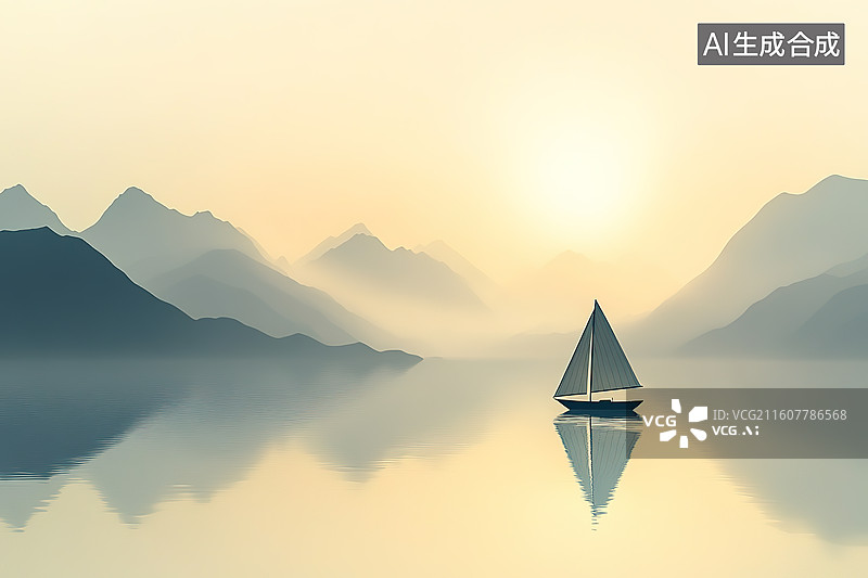 【AI数字艺术】国风极简山水中的孤舟插画图片素材