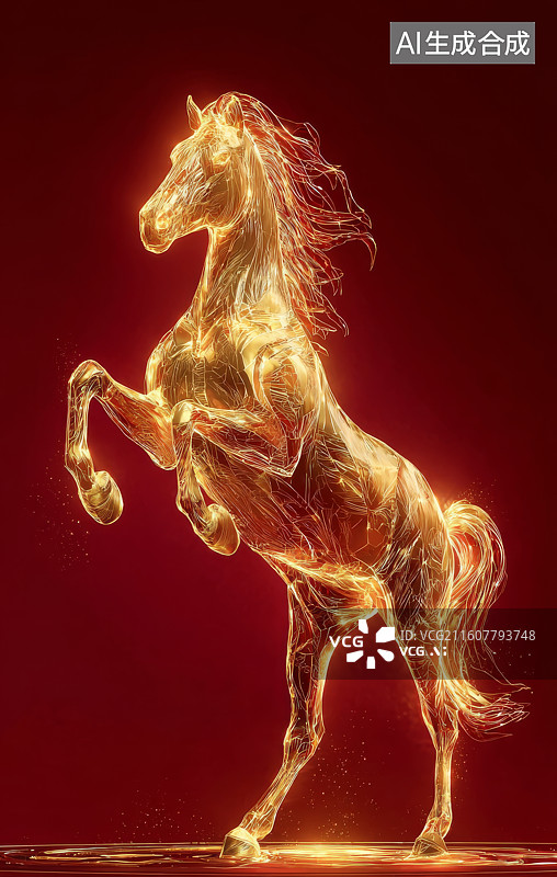 【AI数字艺术】一匹奔腾的金马孤立在红色背景图上图片素材
