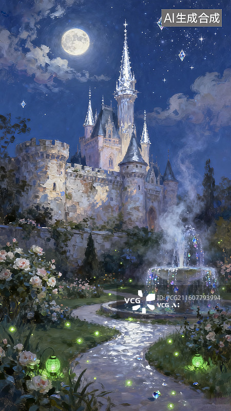 【AI数字艺术】油画月光下的古堡图片素材