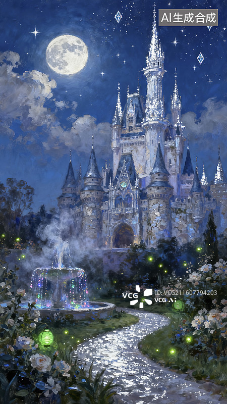 【AI数字艺术】油画月光下的古堡图片素材