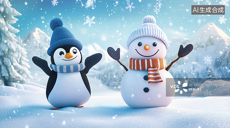 【AI数字艺术】冬天大雪里的雪人和企鹅插画图片素材