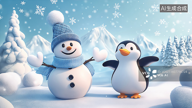 【AI数字艺术】冬天大雪里的雪人和企鹅插画图片素材