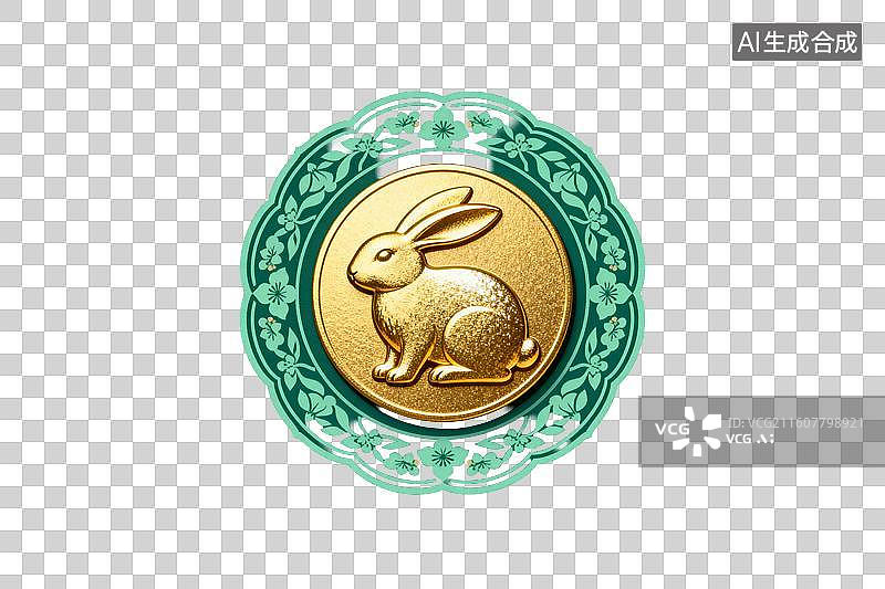 【AI数字艺术】金色兔子浮雕装饰圆形徽章图片素材