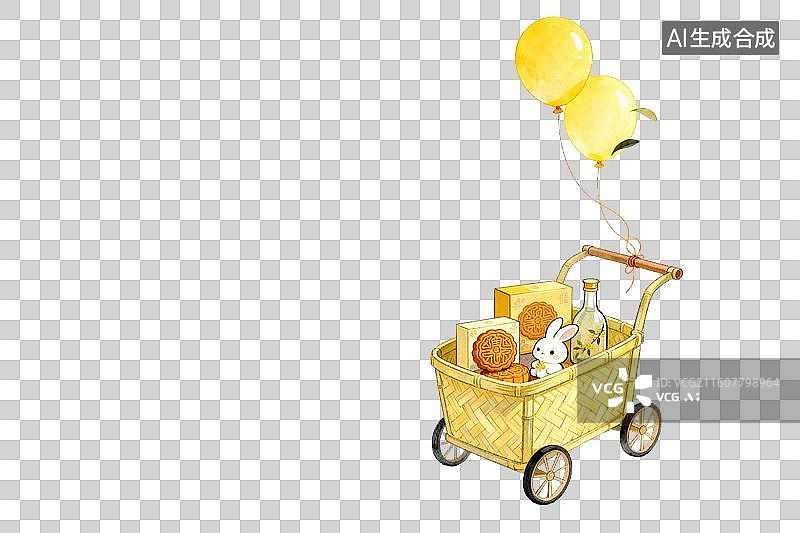【AI数字艺术】竹篮手推车装满月饼与气球图片素材