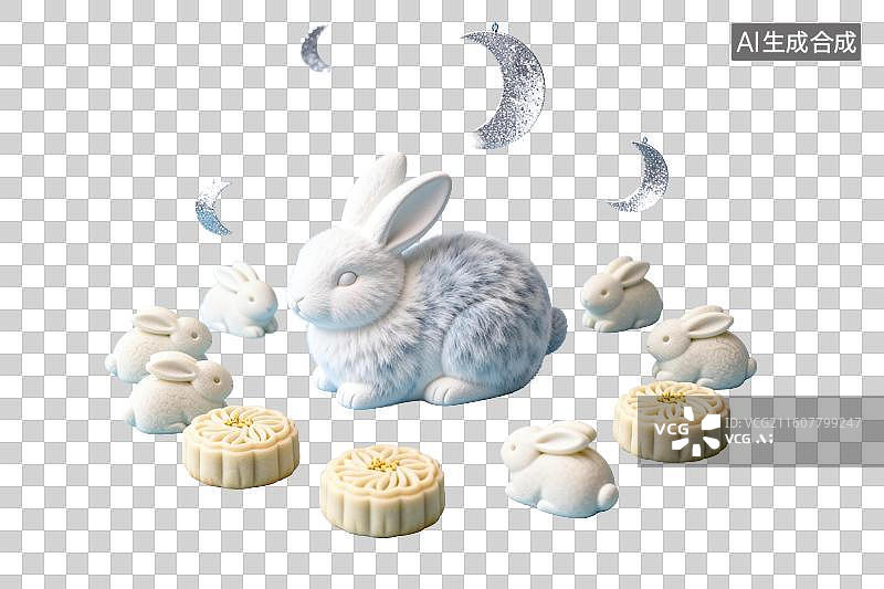 【AI数字艺术】玉兔月饼与月亮装饰组合图片素材