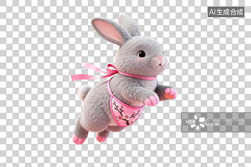 【AI数字艺术】灰色毛绒兔子佩戴粉色围兜跳跃图片素材