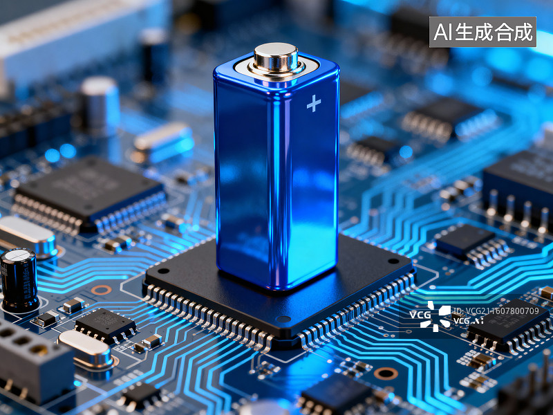 【AI数字艺术】蓝色电池置于电路板上图片素材