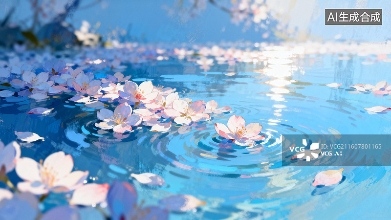 【AI数字艺术】清澈水面上的樱花花瓣图片素材