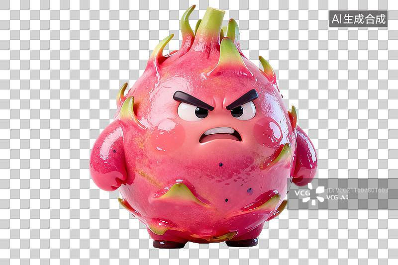 【AI数字艺术】卡通风格，愤怒的红色火龙果PNG格式的免扣元素图片素材