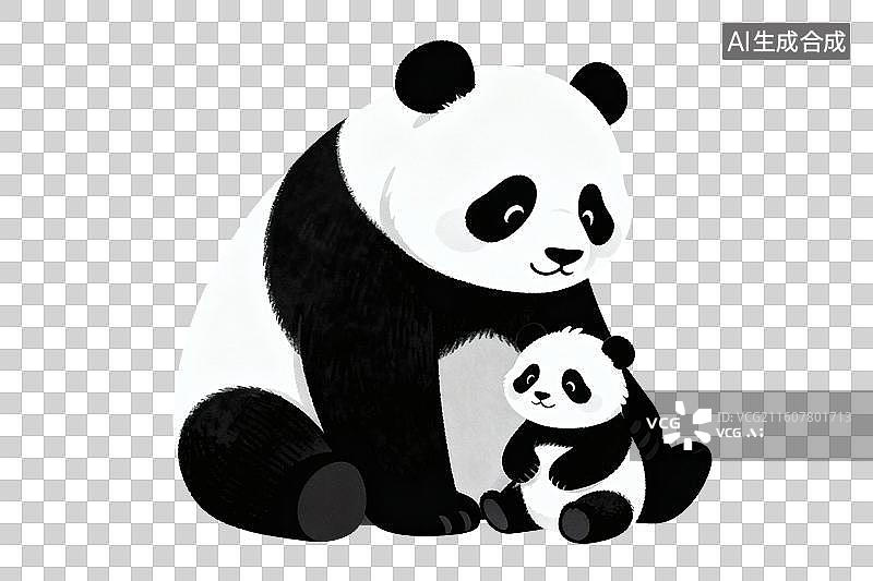 【AI数字艺术】卡通风格，大熊猫妈妈带着小熊猫幼崽PNG格式的免扣元素图片素材