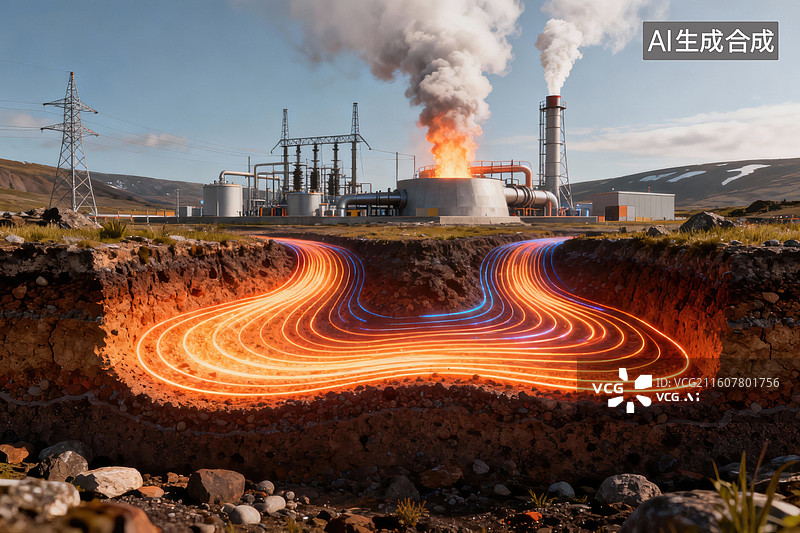 【AI数字艺术】地热发电厂展示地下热能流动图片素材