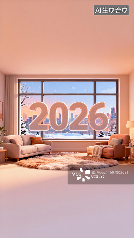 【AI数字艺术】2026 柔和桃色新年室内雪景 节日装饰横版设计素材图片素材
