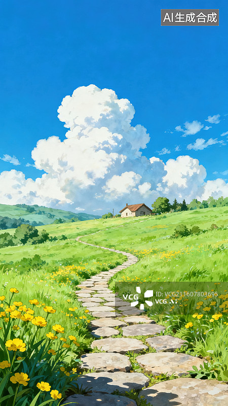 【AI数字艺术】蓝天白云下的田园小路图片素材