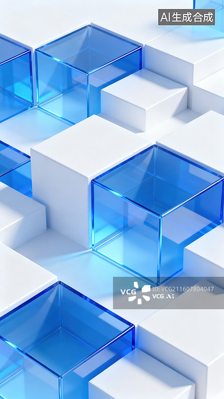 【AI数字艺术】蓝色透明立方体几何图案图片素材