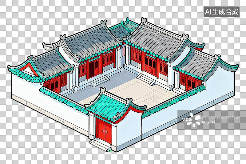 【AI数字艺术】卡通风格，一座中式四合院PNG格式的免扣元素图片素材