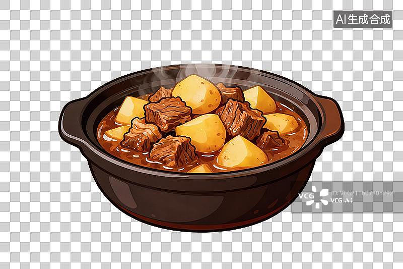 【AI数字艺术】卡通风格，砂锅中美味的土豆炖牛腩PNG格式的免扣元素图片素材
