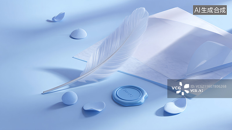 【AI数字艺术】蓝调羽毛信纸火漆文艺场景图图片素材