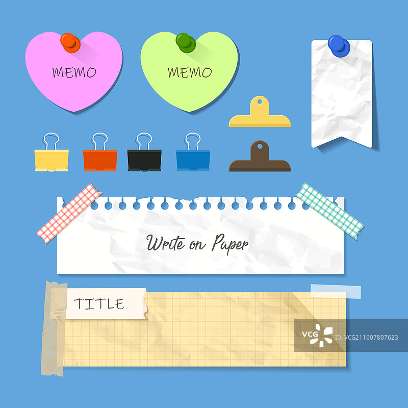 纸张、纸张纹理、备忘录、装饰、胶带、撕裂的纸张、笔记本、日记本、图钉、相框、便签、揉皱的纸、心形、回形针、图钉图片素材