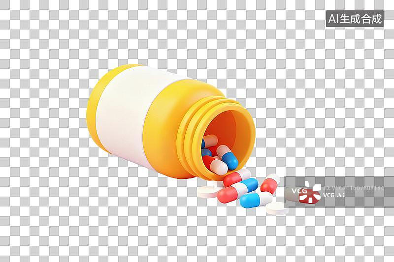 【AI数字艺术】卡通风格，药瓶中的胶囊PNG格式的免扣元素图片素材