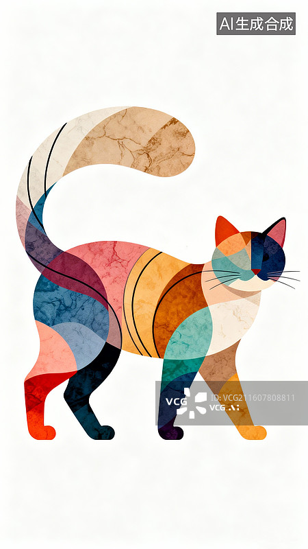 【AI数字艺术】矢量插画，抽象线条与曲面线条，线条画，线条设计叠加多个不规则弧形色块小猫，极简主义，多巴胺色系图片素材