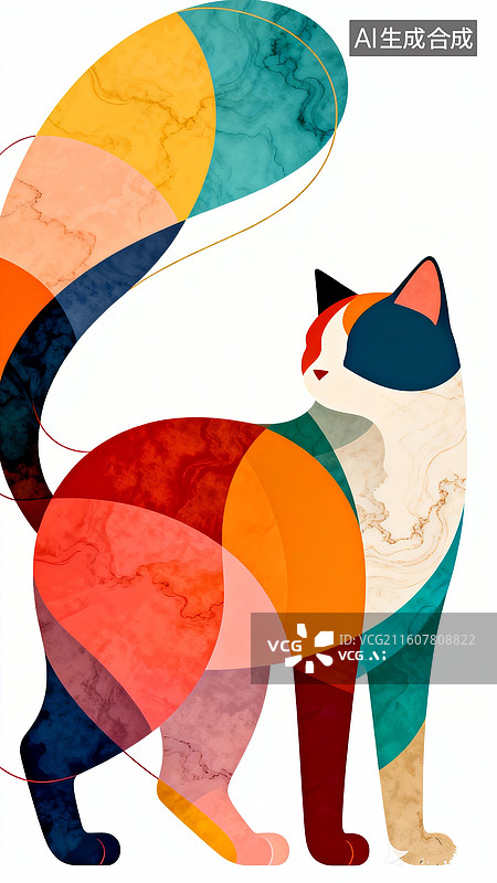 【AI数字艺术】矢量插画，抽象线条与曲面线条，线条画，线条设计叠加多个不规则弧形色块小猫，极简主义，多巴胺色系图片素材