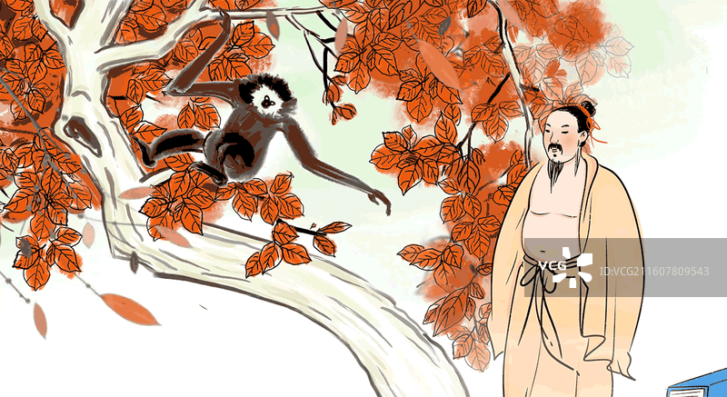 高雅 典雅 水墨 中国画 动画 秋天 枫叶 猿猴图片素材