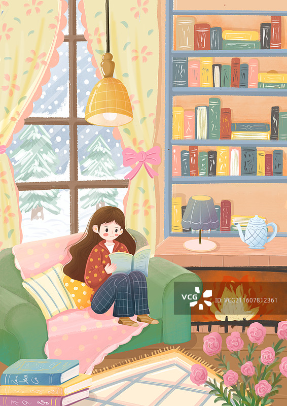 暖灯、壁炉与书 冬日阅读图片素材