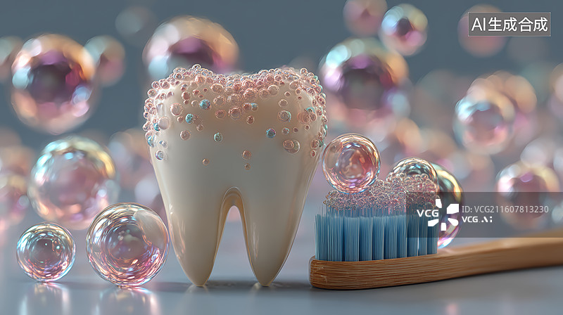 【AI数字艺术】卡通牙齿泡沫感口腔清洁场景图片素材