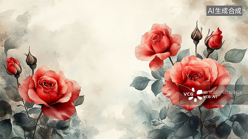 【AI数字艺术】红玫瑰水墨调装饰展示场景图片素材