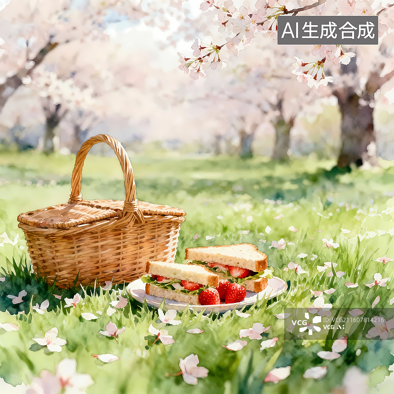 【AI数字艺术】春日樱花草地三明治野餐清新卡通插画图片素材