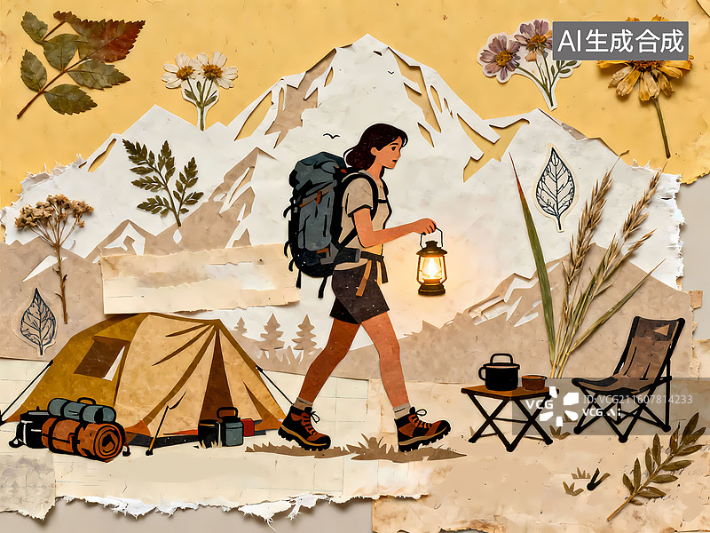 【AI数字艺术】露营拼贴人物植物花草帐篷清新清新卡通插画图片素材