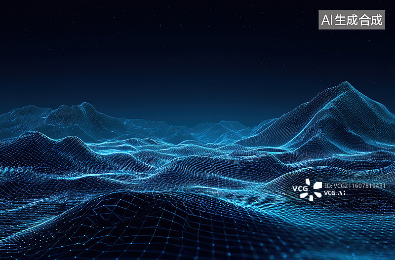 【AI数字艺术】蓝色网格波浪地形图片素材