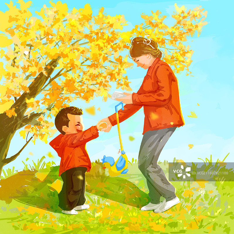 银杏树下的母子图片素材