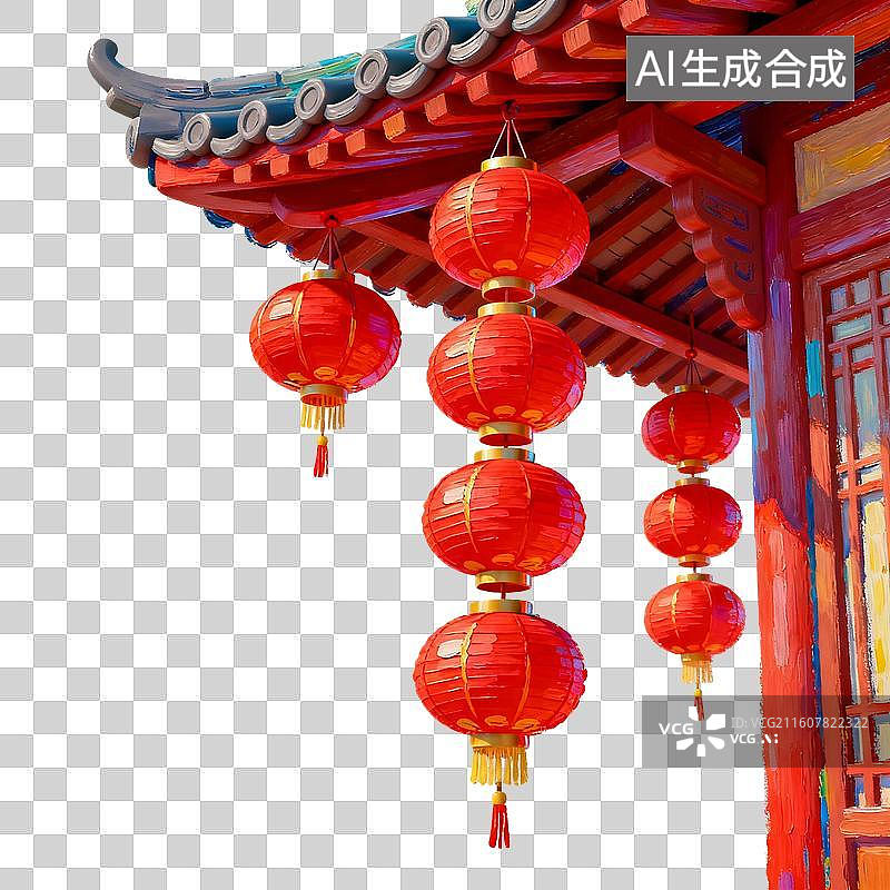 【AI数字艺术】挂在屋檐上的红灯笼 元宵节春节主题插画图片素材